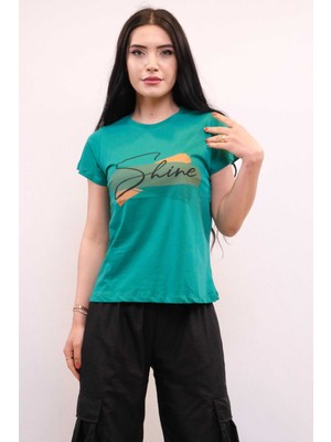Modi Moda Çizgi Shine Baskılı Tshirt Yeşil