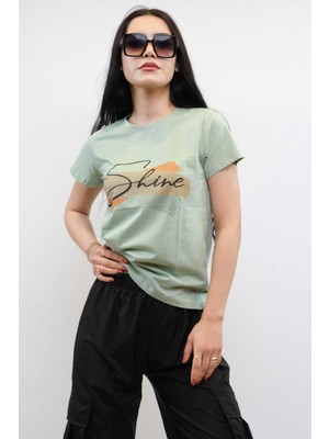 Modi Moda Çizgi Shine Baskılı Tshirt Mint