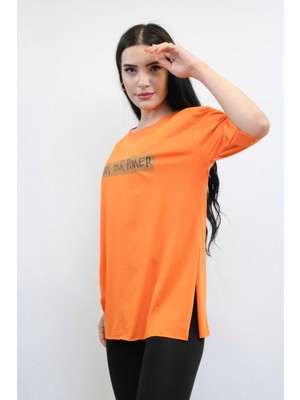 Modi Moda Çizgi Bisiklet Yaka Oversize Tshirt Turuncu