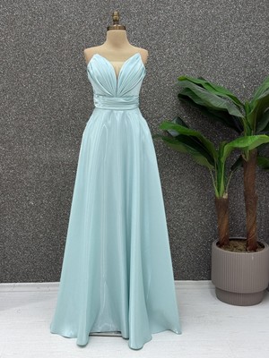 E&A Eren Abiye Drape Detaylı Straplez Saten Abiye