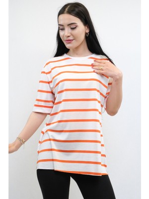 Modi Çizgili Penye Tshirt Turuncu