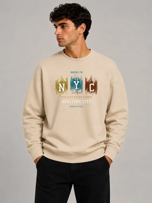 herkesemoda Nyc Baskılı Bisiklet Yaka Şardonlu 2 Iplik Sweatshirt