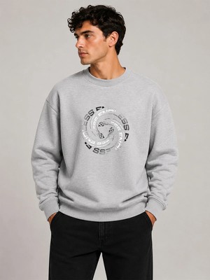 herkesemoda Geometrik Desen Baskılı Bisiklet Yaka Şardonlu 2 Iplik Sweatshirt