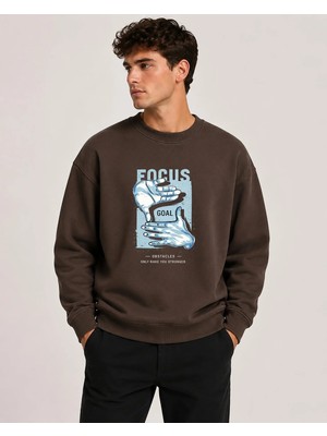 herkesemoda Focus Baskı Detaylı Bisiklet Yaka Şardonlu 2 Iplik Sweatshirt