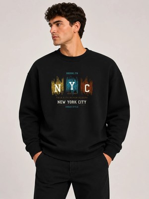 herkesemoda Nyc Baskılı Bisiklet Yaka Şardonlu 2 Iplik Sweatshirt