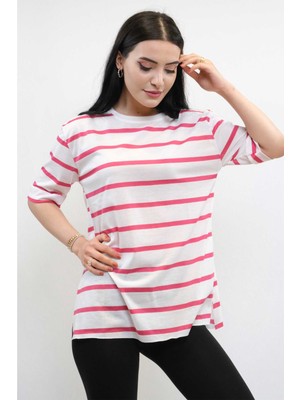 Modi Çizgili Penye Tshirt Pembe