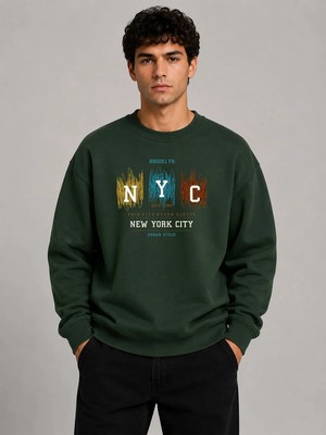 herkesemoda Nyc Baskılı Bisiklet Yaka Şardonlu 2 Iplik Sweatshirt