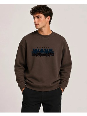 herkesemoda Wave Baskı Detaylı Bisiklet Yaka Şardonlu 2 Iplik Sweatshirt