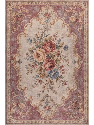 Artloop Florart Pembe Krem Vintage Floral Goblen Gül Desenli Dokuma Tabanlı Şönil Halı Al 621