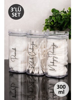 Dolkin Home 3'lü Pamuk - Makyaj Pamuğu - Kulak Çubuğu Etiketli Şeffaf Mika Kavanoz Pamuk Kutusu Seti Akrilik Banyo Düzenleyici 300 ml