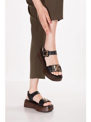 Gondol Hakiki Deri Platform Taban Sandalet PKR.2401 Siyah