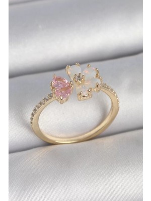 Renas Store Pirinç Gold Renk Beyaz Mineli Pembe Zirkon Taşlı Çiçek Model Kadın Yüzük - TJ-BYK3709