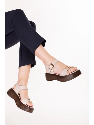 Gondol Hakiki Deri Platform Taban Sandalet PKR.2401 Buz Gri