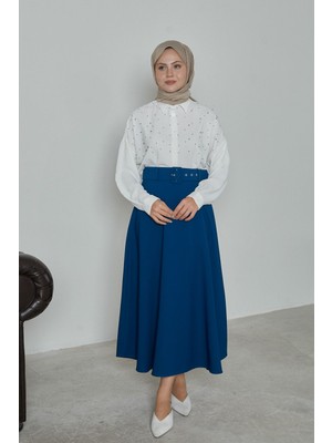Modestim Kadın Kemerli Kloş Uzun Tesettür Etek Indigo