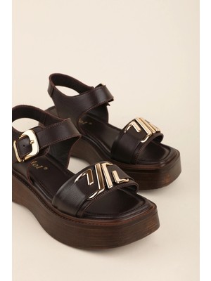 Gondol Hakiki Deri Platform Taban Sandalet PKR.2401 Kahverengi