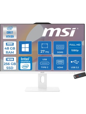MSI Msı Pro AP272P 14M-866XEU Intel Core I7-14700 Upto 5.4ghz 48GB Ddr5 256GB SSD 1920×1080 (Fhd 27″ıps 100HZ 250 Beyaz WIN11HOME Allınone Bilgisayar 866XEUH16+ZETTAUSBBELLEK