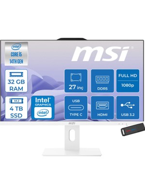 MSI Msı Pro AP272P 14M-868XEU Intel Core I5-14400 Upto 4,7 Ghz 32GB Ddr5 4tb SSD 1920×1080 (Fhd 27″ıps 100HZ 250NITS Beyaz Freedos Allınone Bilgisayar 868XEUF15+ZETTAUSBBELLEK