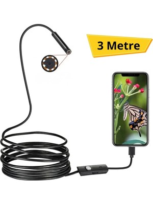 Buffer® 3 Metre Android Telefon Uyumlu 6 LED Işıklı Su Geçirmez Endoskop / Boroskop Yılan Kamera Hd