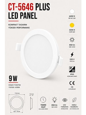Yenilig CT-5646 Plus LED Panel 9W Yuvarlak Sıva Altı LED Spot Armatür