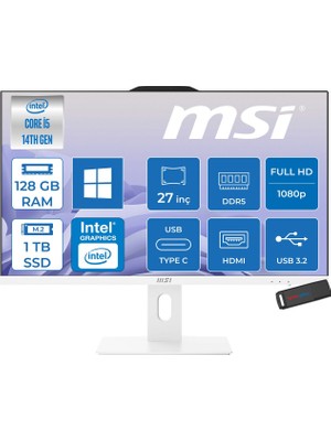 MSI Msı Pro AP272P 14M-868XEU Intel Core I5-14400 Upto 4,7 Ghz 128GB Ddr5 1tb SSD 1920×1080 (Fhd 27″ıps 100HZ 250NITS Beyaz WIN11HOME Allınone Bilgisayar 868XEUH38+ZETTAUSBBELLEK