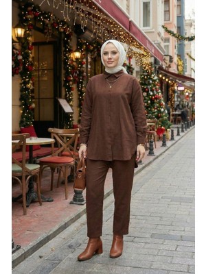 Qumet Kadın Kahverengi Keten Tesettür Ikili Takım  Gömlek Tunik Pantolon Rahat Kesim