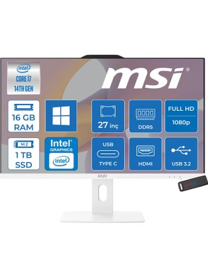 MSI Msı Pro AP272P 14M-866XEU Intel Core I7-14700 Upto 5.4ghz 16GB Ddr5 1tb SSD 1920×1080 (Fhd 27″ıps 100HZ 250 Beyaz WIN11HOME Allınone Bilgisayar 866XEUH03+ZETTAUSBBELLEK