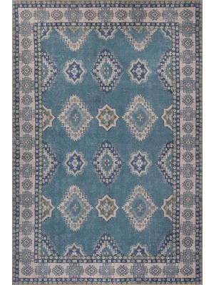Artloop Folk Mavi Vintage Etnik Madalyonlu Klasik Desenli Dokuma Tabanlı Şönil Halı Al 615