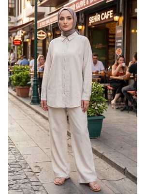Modestim Kadın Ekru Rahat Kalıp Yazlık Gömlek Tunik Pantolon Trend Şık Spor Günlük Tesettür Takım Kombin