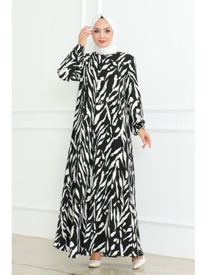 Modi Zebra Desen Tesettür Elbise Siyah