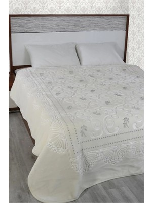 Merinos Ekru Pırıltı Çift Kişilik Embos Battaniye Kemik Silver