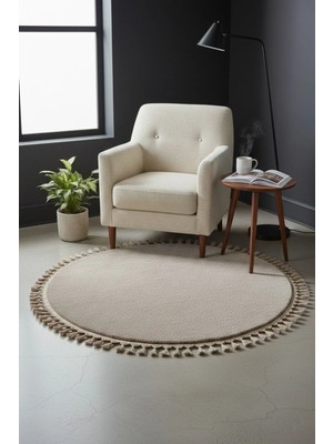 Woof Home Comfort Yuvarlak Ponpon Saçaklı Peluş Halı(Yatak Odası- Çocuk Odası- Antre- Yemek Odası)Kaymaz Taban