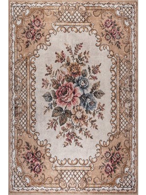Artloop Florart Kahverengi Bej Vintage Goblen Çiçekli Klasik Desenli Dokuma Tabanlı Şönil Halı Al 579