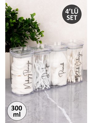 Dolkin Home 4'lü Pamuk - Kulak Çubuğu - Diş Ipi - Makyaj Pamuğu Etiketli Şeffaf Mika Kavanoz Pamuk Kutusu Seti Akrilik Banyo Düzenleyici 300 ml