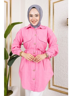Modestim Kadın Gold Düğme Detaylı Kolu Pile Büzgülü Bağcıklı Uzun Yazlık Modal Kumaş Tesettür Gömlek Tunik Pembe
