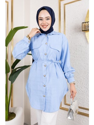 Modestim Kadın Gold Düğme Detaylı Kolu Pile Büzgülü Bağcıklı Uzun Yazlık Modal Kumaş Tesettür Gömlek Tunik Bebe Mav,