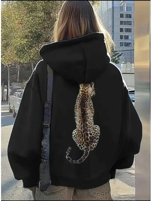 Touz Moda Leopar Streetwear Baskılı Unisex Oversize Kapüşonlu Sweatshirt Hoodie