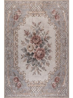 Artloop Florart Gri Bej Vintage Goblen Çiçekli Klasik Desenli Dokuma Tabanlı Şönil Halı Al 571