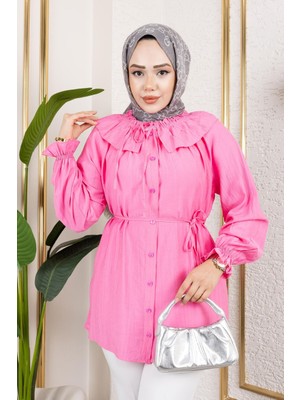 Modestim Kadın Bebe Yaka Büzgülü Kol Lastik Büzgülü Bağlamalı Yazlık Boydan Düğmeli Tesettür Tunik Pembe