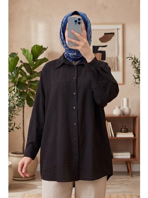 Modestim Kadın Siyah Çilek Kumaş Trend Tesettür Tunik Düğmeli 78 cm Oversize Dökümlü Rahat Gömlek Tunik