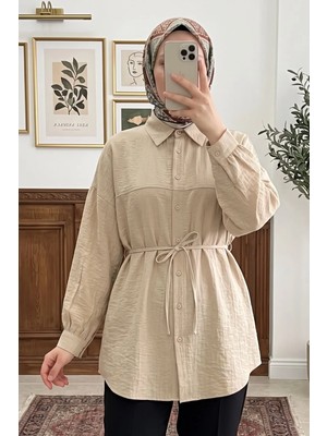Modestim Kadın Bej Çilek Kumaş Trend Tesettür Tunik Düğmeli 78 cm Oversize Dökümlü Rahat Gömlek Tunik