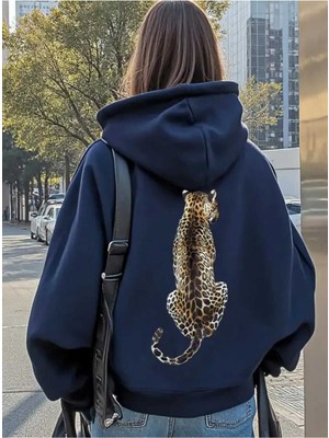 Touz Moda Leopar Streetwear Baskılı Unisex Oversize Kapüşonlu Sweatshirt Hoodie
