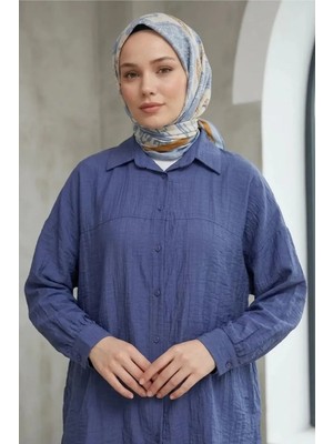 Modestim Kadın Indigo Çilek Kumaş Trend Tesettür Tunik Düğmeli 78 cm Oversize Dökümlü Rahat Gömlek Tunik
