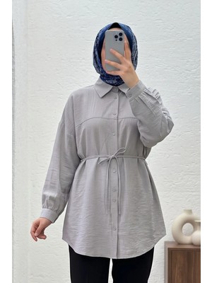 Modestim Kadın Gri Çilek Kumaş Trend Tesettür Tunik Düğmeli 78 cm Oversize Dökümlü Rahat Gömlek Tunik