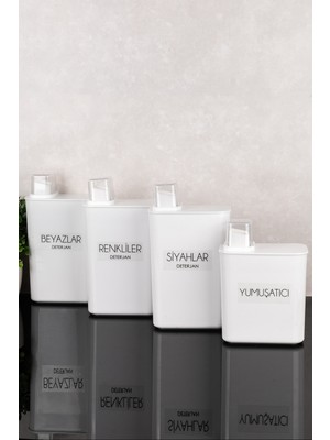 Dolkin Home 4'lü Kendinden Ölçekli Deterjan Kutusu Seti Etiketli 3000 ml - 2200 ml Renkliler Beyazlar Siyahlar Yumuşatıcı Etiketli Ölçek Kapaklı Deterjanlık