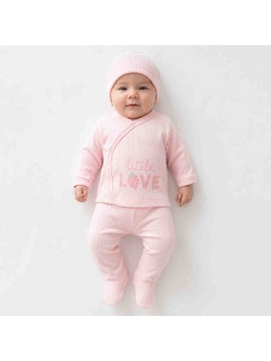 Babys Tasarım Little Love 3'lü Bebek Takımı 0-3 Ay Ribana Pamuklu Yenidoğan Takımı Patikli Alt Şapkalı Kız Bebek Takımı
