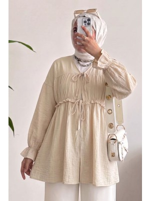 Modestim Kadın Ön Büzgülü Detaylı Kol Lastikli Bağlamalı Tesettür Taş Kimono Hırka Tunik