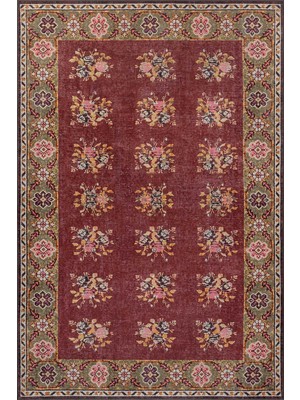 Artloop Relic Bordo  Vintage Çiçek  Desenli Dokuma Tabanlı Şönil Halı Al 556