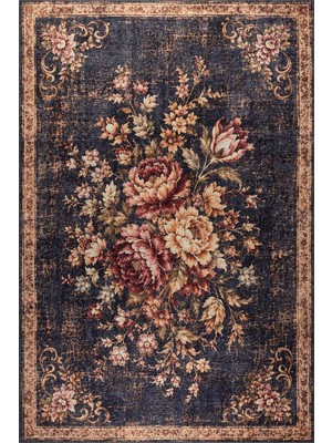 Artloop Florart Lacivert Goblen Vintage Çiçek Desenli Dokuma Tabanlı Şönil Halı Al 574
