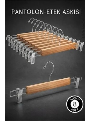 Aesco 8 Adet Ahşap Pantolon Etek Askısı - Ayarlanabilir Gümüş Mandallı 36CM Organizer Set 719305