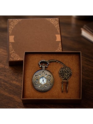 Usm Geometrik Oymalı Tasarım - Köstekli Zincirli Cep Saati - Vintage Bronz